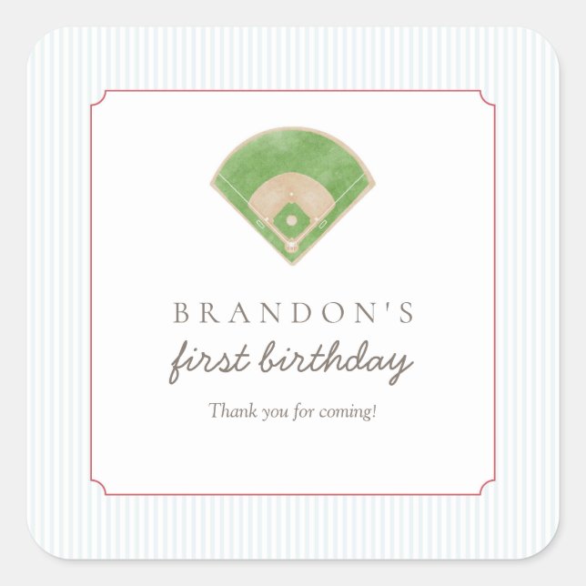 Classic Preppy Baseball First Birthday Rookie One Quadratischer Aufkleber (Vorderseite)