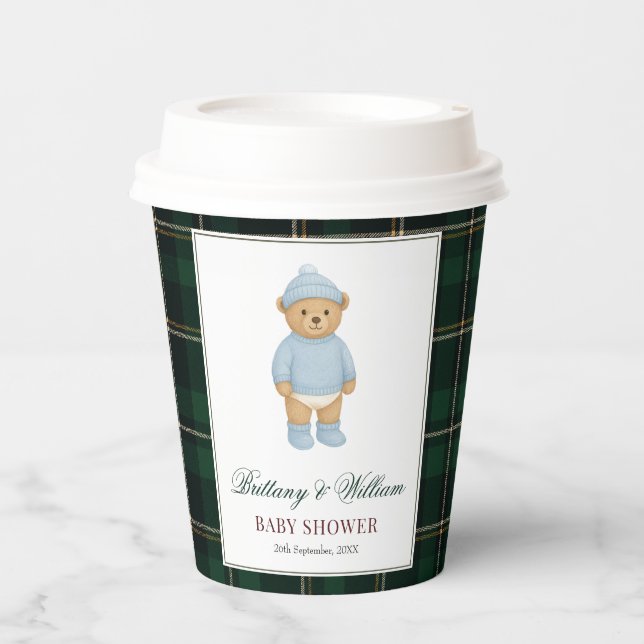 Classic Preppy Bear Designer Plaid Baby Shower Pappbecher (Vorderseite)
