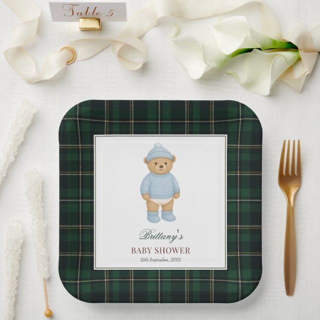 Classic Preppy Bear Designer Plaid Baby Shower Pappteller (Hochzeit)