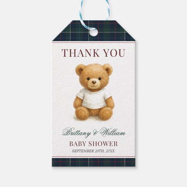 Classic Preppy Bear Green Kariert Baby Dusche Geschenkanhänger (Vorderseite)