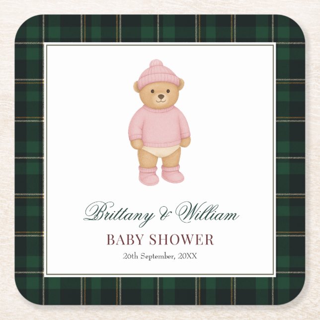 Classic Preppy Bear Green Tartan Plaid Baby Shower Rechteckiger Pappuntersetzer (Vorderseite)