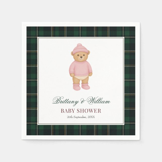 Classic Preppy Bear Green Tartan Plaid Baby Shower Serviette (Vorderseite)