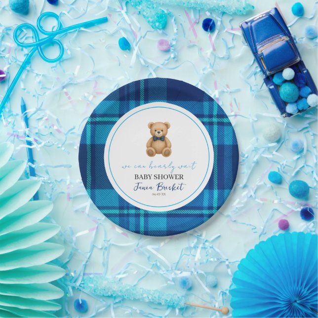 Classic Preppy Blue Kariert Teddy Bear Baby Dusche Pappteller (Party)