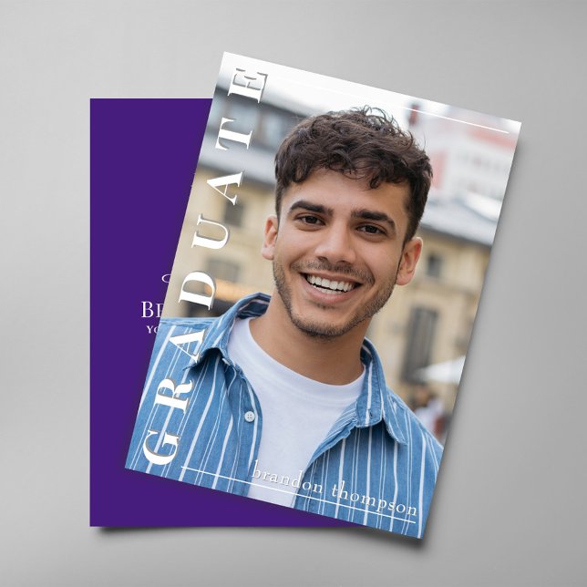 Classic Purple Graduation Party Announcement Card Einladung (Elegant purple graduation card with laurel wreath and cap design)