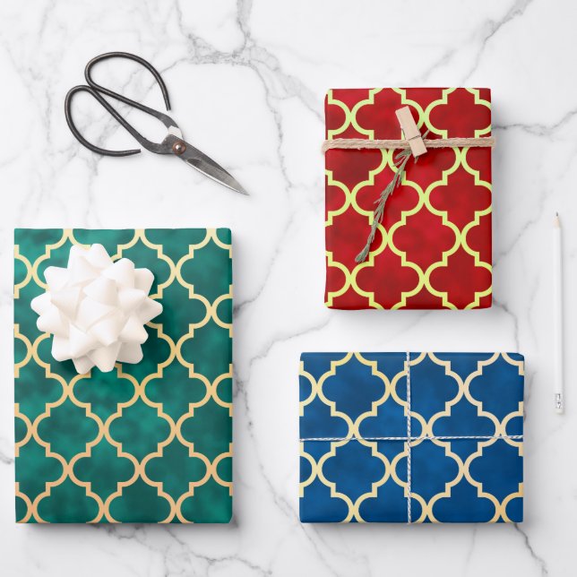 Classic Quatrefolie Red Gold Green Blue Holiday Geschenkpapier Set (Vorderseite)