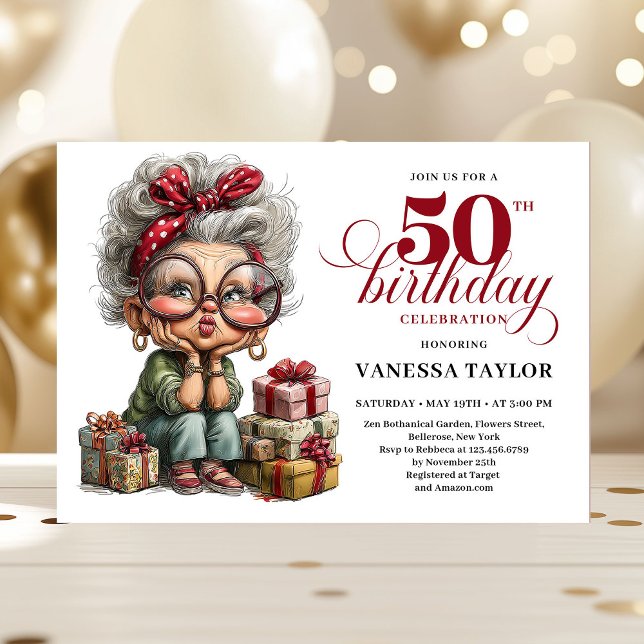 Classic Quirky Woman 50th Birthday Whimsical  Einladung (Classic Quirky Woman 50th Birthday Whimsical Invitation)