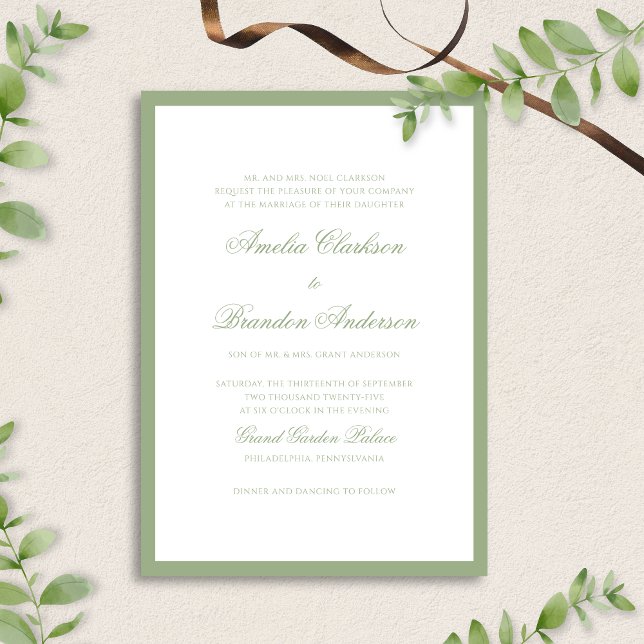 Classic Real Sage Green Border Script Wedding Einladung (Von Creator hochgeladen)