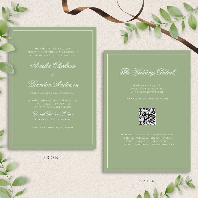Classic Real Sage Green Border Wedding QR Code Einladung (Von Creator hochgeladen)