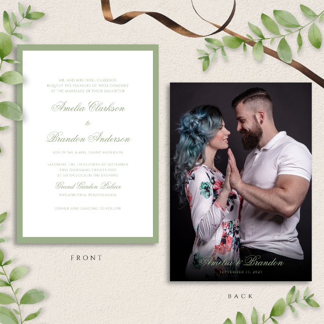 Classic Real Sage Green Script & Photo Wedding Einladung (Von Creator hochgeladen)