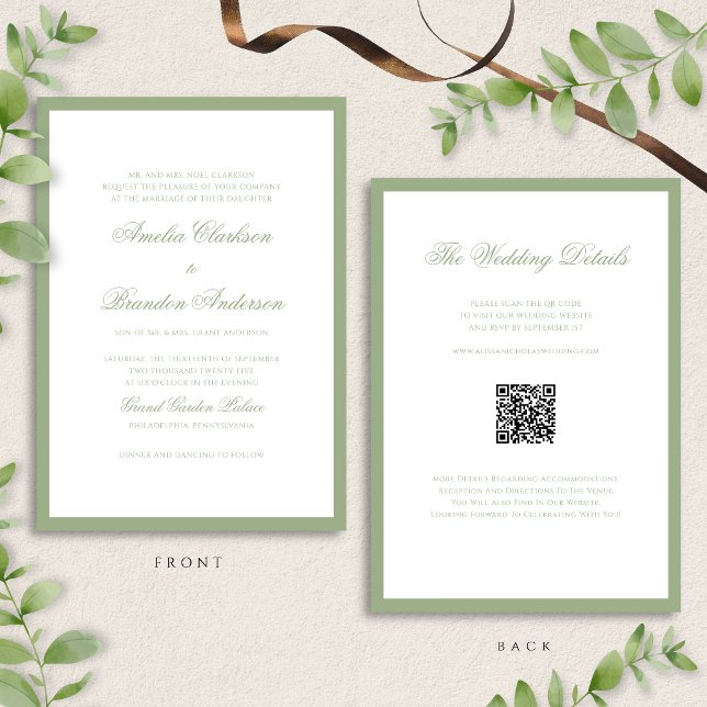Classic Real Sage Green & White Wedding QR Code Einladung (Von Creator hochgeladen)