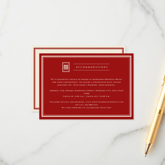 Classic Rectangle Double Happiness Chinese Wedding Begleitkarte (Vorderseite/Rückseite Beispiel)