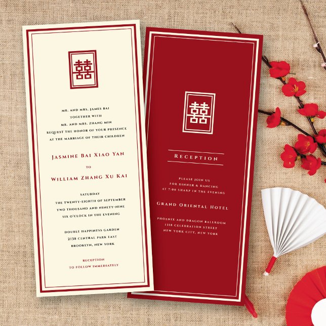 Classic Rectangle Double Happiness Chinese Wedding Einladung (Red/Ivory Classic Rectangle Double Happiness Modern Chinese Wedding Invitation @ fatfatin_red_knot)