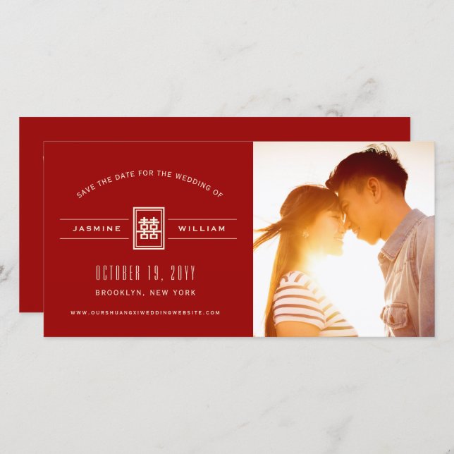 Classic Rectangle Double Happiness Chinese Wedding Save The Date (Vorne/Hinten)