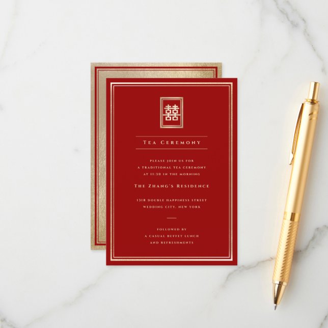 Classic Rectangle Double Happiness Teezeremonie Begleitkarte (Vorderseite/Rückseite Beispiel)