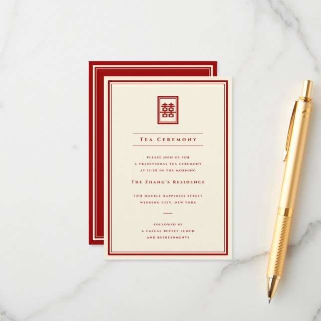 Classic Rectangle Double Happiness Teezeremonie Begleitkarte (Vorderseite/Rückseite Beispiel)