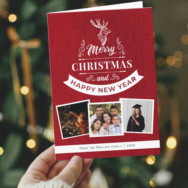 Classic Red 3 Foto Family Rentier Weihnachten (Merry Christmas and a Happy New Year greeting card with 3 of your photos and custom message.)