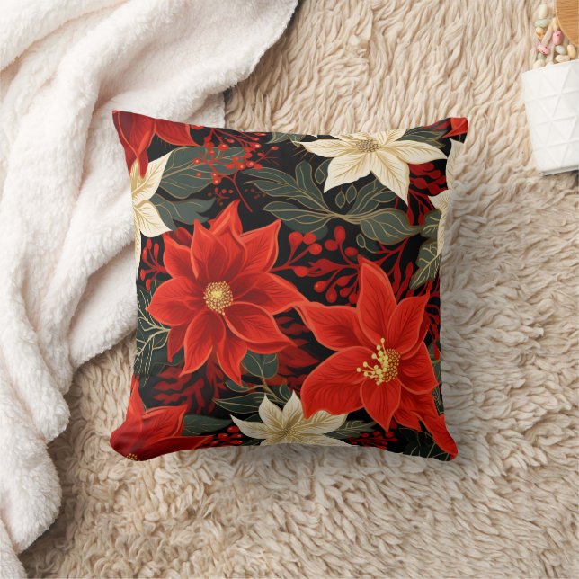 Classic Red and White Poinsettia Weihnachtsblumen Kissen (Decke)