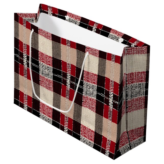 Classic Red & Black Tartan Kariert - Rustikales Wo Große Geschenktüte (Vorderseite Schrägansicht)