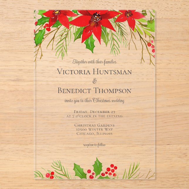 Classic Red Christmas Poinsettia Floral Wedding Acryleinladungen (Vorderseite)