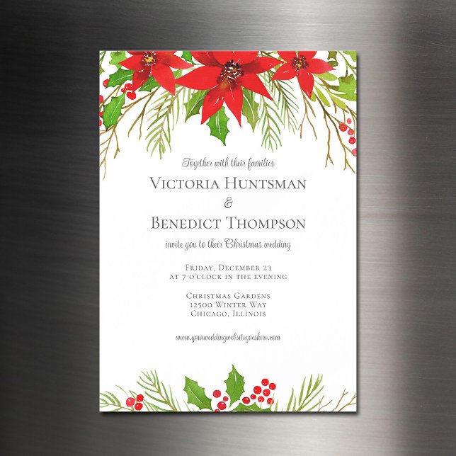 Classic Red Christmas Poinsettia Floral Wedding Magneteinladung (Von Creator hochgeladen)
