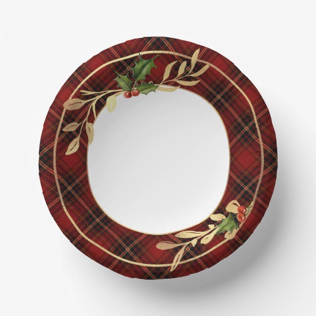Classic Red Christmas Tartan, Holly & Gold Blätter Pappteller (Vorderseite)