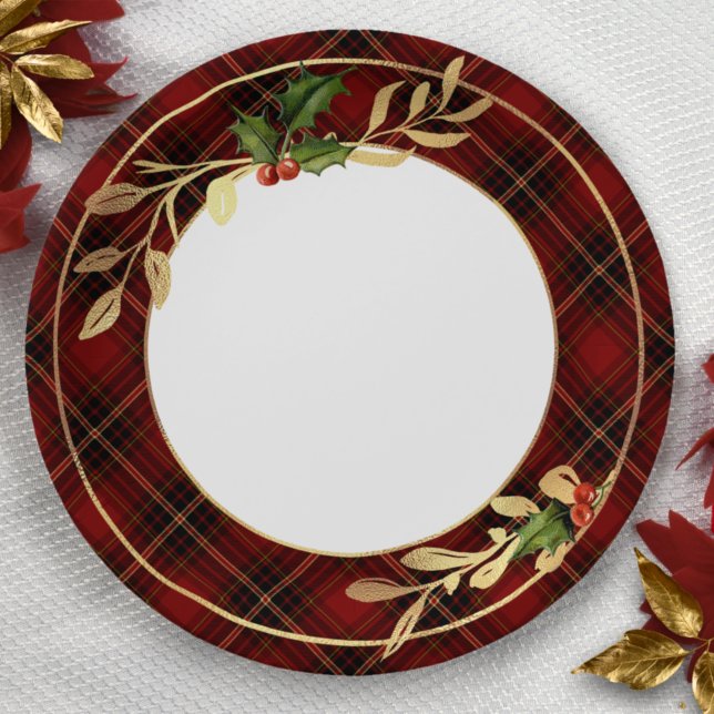 Classic Red Christmas Tartan, Holly & Gold Blätter Pappteller (Von Creator hochgeladen)