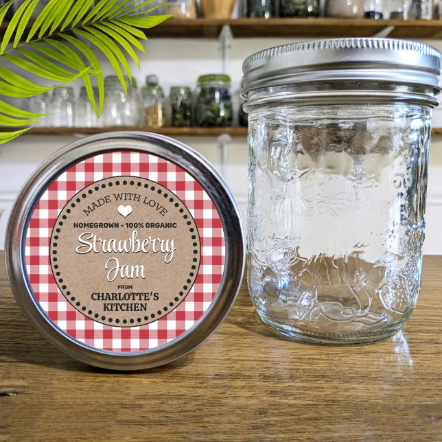 Classic Red Gingham Canning Jar Label Runder Aufkleber (Von Creator hochgeladen)