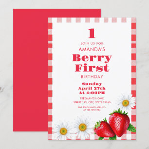Classic Red Gingham Strawberries Girl 1. Geburtsta Einladung