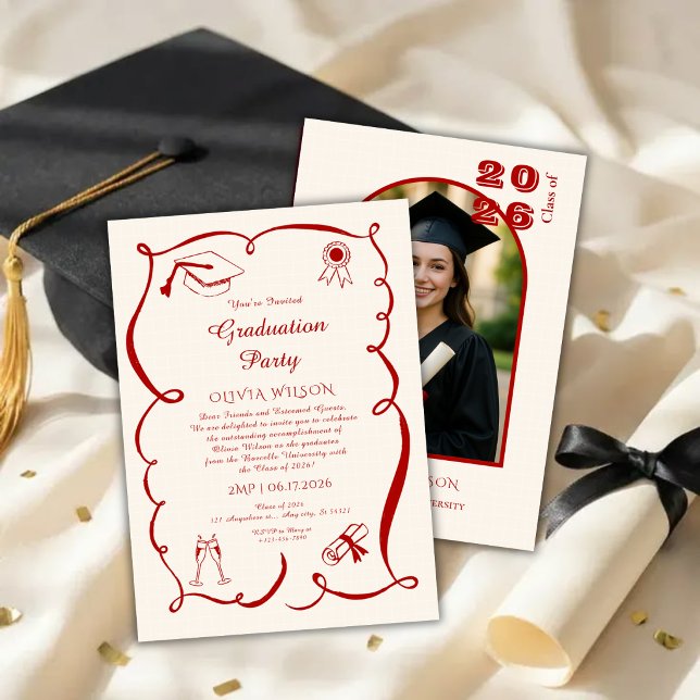 Classic Red Graduation with Photo Party Einladung (Von Creator hochgeladen)