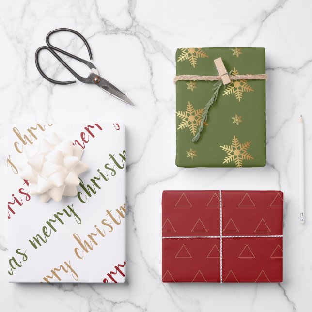 Classic Red Green Gold Frohe Weihnachten Geschenkpapier Set (Vorderseite)