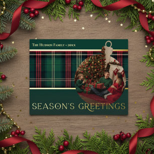 Classic Red Green Kariert Holidays Bulb Foto Folien Feiertagspostkarte