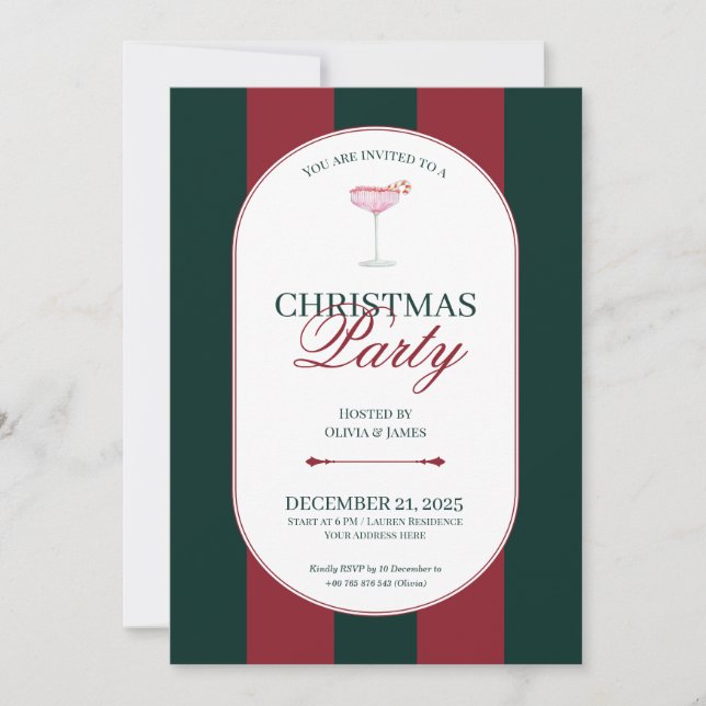 Classic red green stripe Christmas Invitation Einladung (Vorderseite)