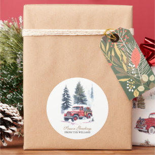 Classic Red Jeep Schnee Weihnachtsbaum Personalisi Runder Aufkleber
