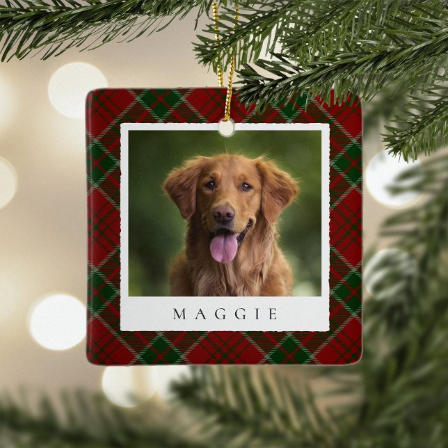 Classic Red Kariert Personalisiert Pet Dog Foto Keramikornament (Von Creator hochgeladen)