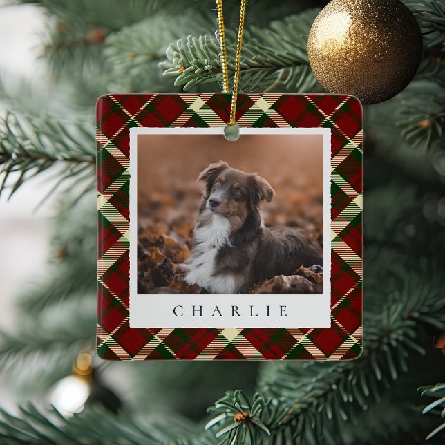 Classic Red Kariert Personalisiert Pet Dog Foto Keramikornament (Von Creator hochgeladen)