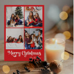 Classic Red Merry Christmas Vertical Four Foto Feiertagspostkarte<br><div class="desc">Feiern Sie die Saison mit dieser einzigartigen, klassischen, roten Weihnachtspostkarte mit vier Fotos und einer Touch Vintagen Charmes. Das minimalistische Design präsentiert eine elegante Rot-Weiß-Palette, die den gemütlichen Geist des Winters widerspiegelt. Seine moderne und lustige Anziehungskraft, gepaart mit der traditionellen Formulierung, schafft ein perfektes Gleichgewicht zwischen Kühnheit und Klasse. Die...</div>