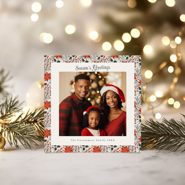 Classic Red Poinsettia Holiday Foto Weihnachten Karte (Poinsettia Season Square Christmas Card white)