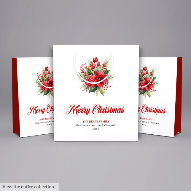 Classic Red Poinsettia Merry Christmas Holiday Bag Mittlere Geschenktüte (Classic Red Poinsettia Merry Christmas Holiday Bag)