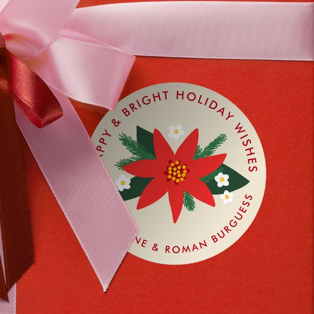 Classic Red Poinsettia Weihnachtsgeschenke Klasse Runder Aufkleber (soft beige cream modern poinsettia custom text Christmas gift sticker)
