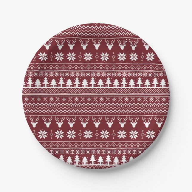 Classic Red Reindeer Christmas Sweater Pattern Pappteller (Vorderseite)