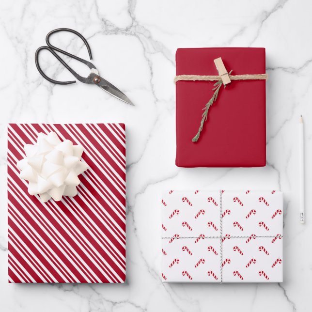 Classic Red Stripe Candy Cane Holiday Wrapping Pap Geschenkpapier Set (Vorderseite)
