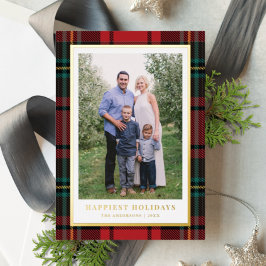 Classic Red Tartan + Gold Foil Holiday Foto Card Folien Feiertagskarte