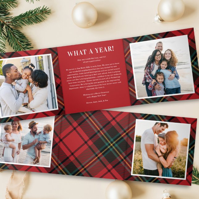 Classic Red Tartan Multi-Foto Folded Holiday Card Dreifach Gefaltete Einladung (Von Creator hochgeladen)