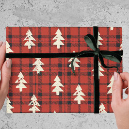 Classic Red Tartan Plaid Christmas Pine Trees Geschenkpapier