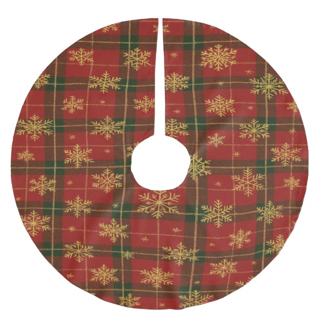 Classic Red Tartan with Golden Snowflakes Polyester Weihnachtsbaumdecke (Vorderseite)