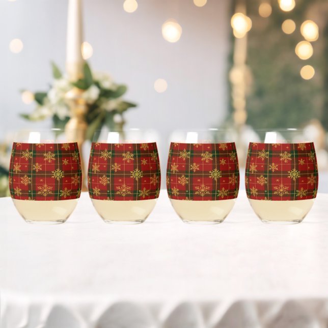 Classic Red Tartan with Golden Snowflakes Weinglas Ohne Stiel (Insitu (Hochzeit))