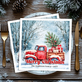 Classic red truck Christmas scene rustic napkins  Serviette