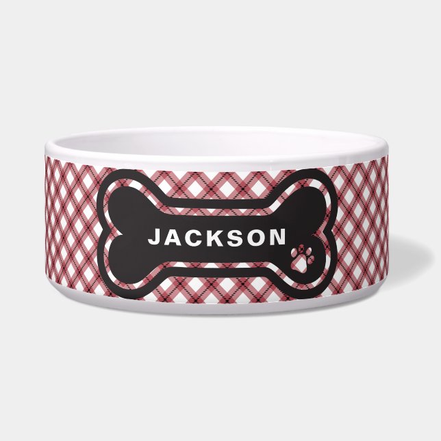 Classic Red & White Argyle Plaid Dog Bone Napf (Vorderseite)