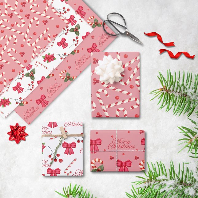 Classic Red White Frohe Weihnachts-Blume Ribbon Geschenkpapier Set (Von Creator hochgeladen)