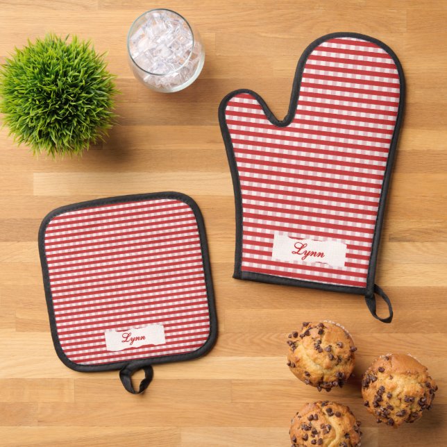 Classic Red & White Gingham | Personalized Name Ofenhandschuh & Topflappen-Set (Oben Unten)